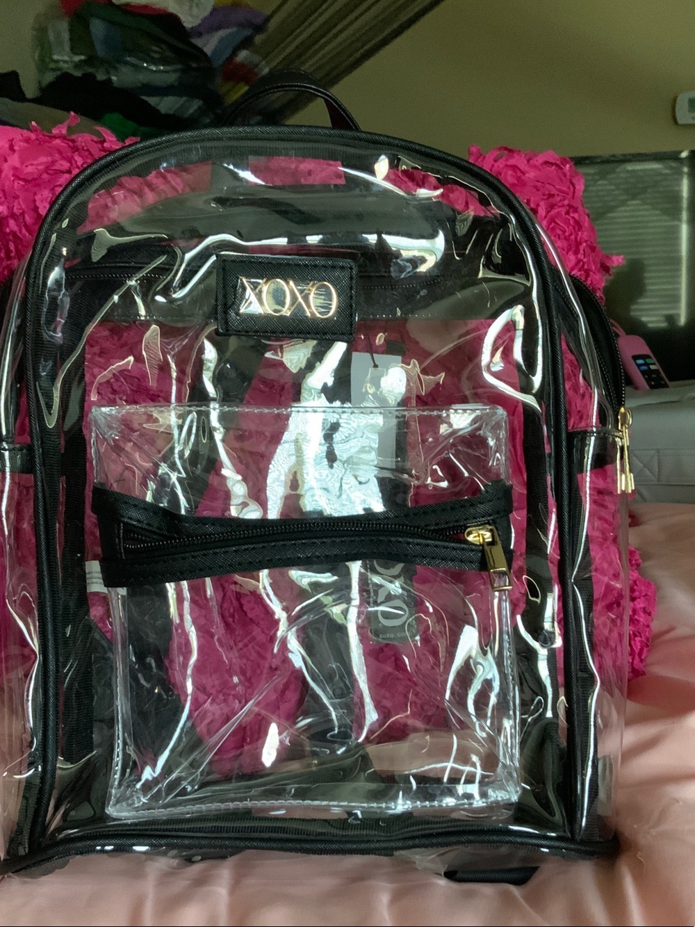 XOXO Clear Backpack with Black Trim and Pink Accents
